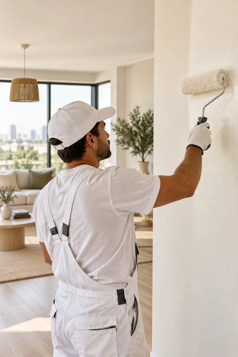 Painter applying a fresh coat to a bright home interior