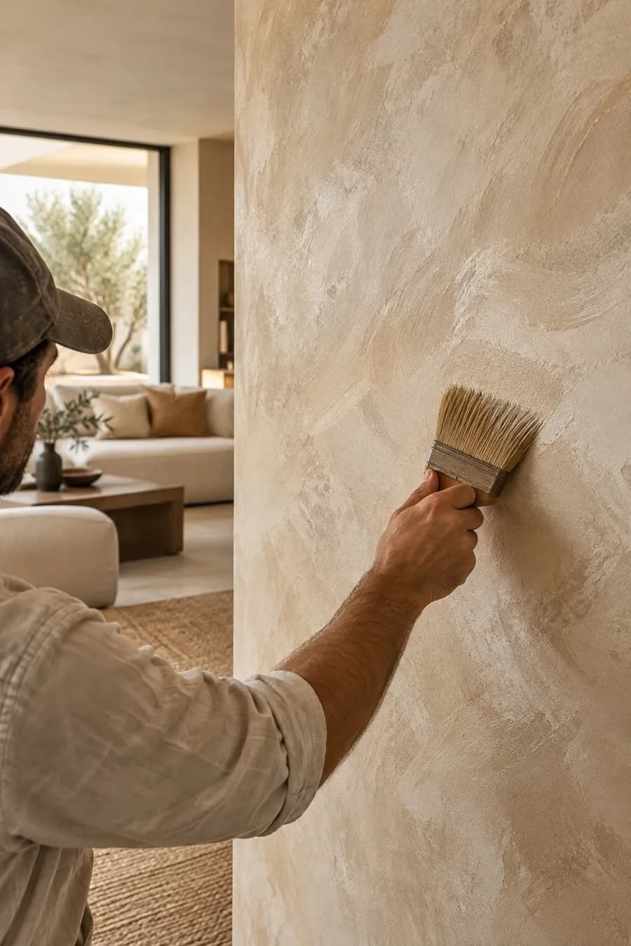 Artisan applying a decorative finish to an interior wall