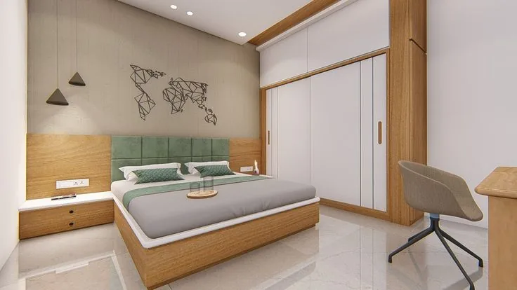 Bedroom interior with wooden furniture and green accents